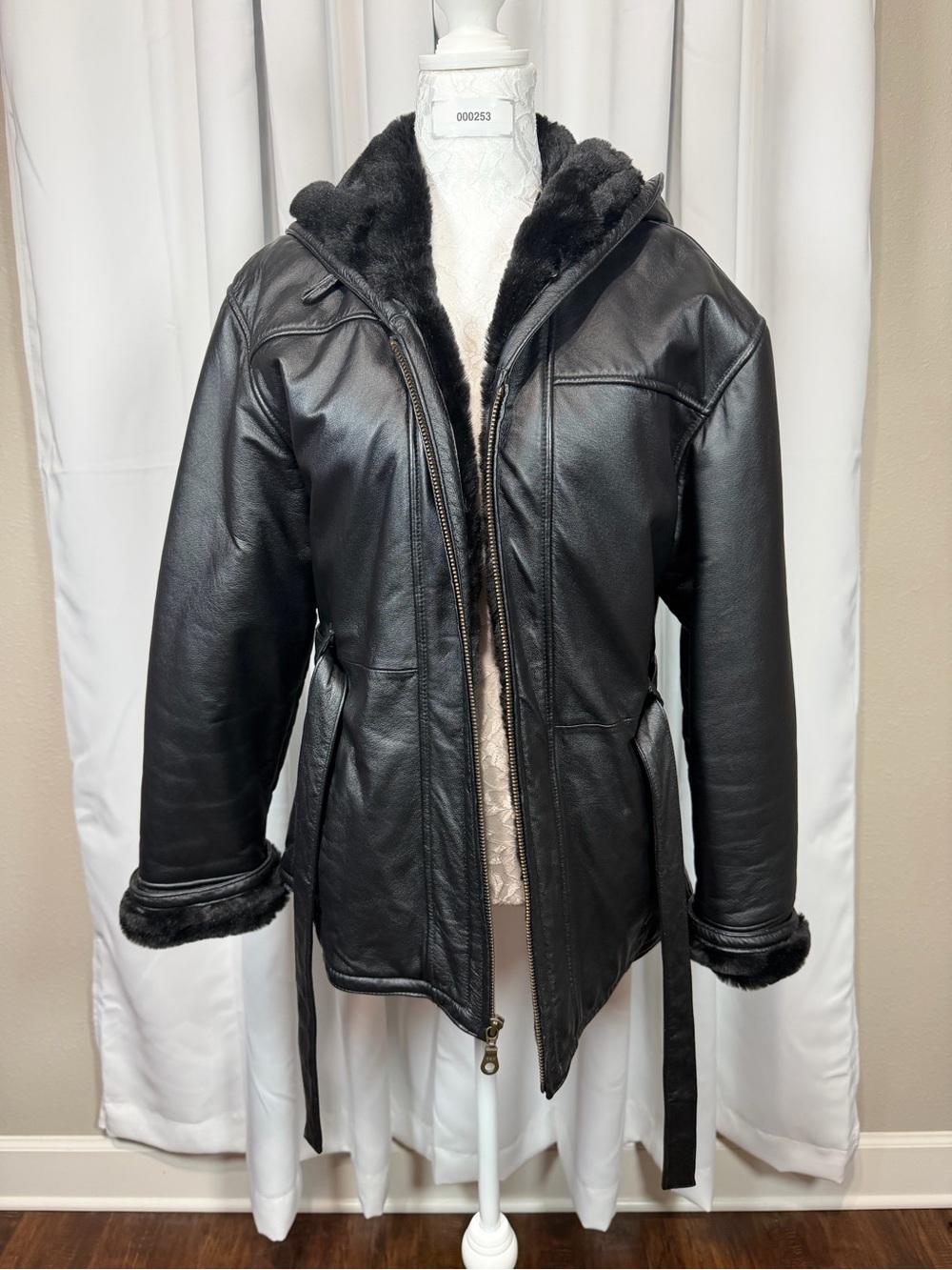 Wilsons Leather Women M Black Genuine Leather Hooded Faux Fur Belted Y2K Coat